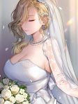  1girl azur_lane bangs blonde_hair blush bouquet breasts bridal_veil cleavage closed_eyes closed_mouth detached_sleeves dress earrings eyebrows_visible_through_hair flower gloves hair_ornament hair_over_shoulder holding holding_bouquet hood_(azur_lane) jewelry kaguyuzu large_breasts light_particles long_hair necklace pearl_necklace sapphire_(gemstone) smile solo strapless strapless_dress veil white_dress 