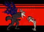  anthro arguing breasts canid canine canis claws demon digital_media_(artwork) duo facial_markings felid feline female fur head_markings lynx male male/female mammal markings nicnak044 open_mouth paws simple_background 