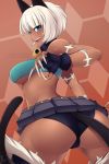  1girl alina_pegova animal_ears ass bangs bare_shoulders bell bell_collar blue_eyes bob_cut breasts cat_ears cat_girl collar cowboy_shot crop_top dark_skin eyebrows_visible_through_hair fang fingernails from_behind large_breasts looking_at_viewer midriff ms._fortune_(skullgirls) open_mouth scar sharp_fingernails short_hair simple_background skullgirls slit_pupils smile solo standing underboob white_hair wide_hips 