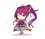  1girl ;) arito_arayuru blush blush_stickers breasts camisole capri_pants chibi closed_mouth eyebrows_visible_through_hair hair_intakes hair_ornament hair_ribbon jacket_on_shoulders long_hair looking_at_viewer one_eye_closed ootachi open_fly pants pants_rolled_up ponytail purple_hair red_eyes ribbon sheath sheathed simple_background smile solo sword under_night_in-birth weapon white_background yuzuriha_(under_night_in-birth) 