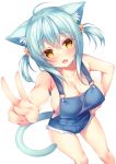  1girl ahoge animal_ear_fluff animal_ears aqua_hair blush breasts cat_ears cat_tail cleavage commentary_request cutoff_overalls eyes_visible_through_hair fang hair_between_eyes hair_ornament hand_on_hip large_breasts leaning_forward long_hair naked_overalls open_mouth original outstretched_arm overalls shiny shiny_skin sidelocks simple_background skin_fang solo sorai_shin&#039;ya standing star star_hair_ornament tail two_side_up white_background yellow_eyes 