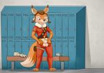  2019 animal_genitalia anthro awesomenauts balls big_balls blush bottomwear canid canine clothing crossgender digital_media_(artwork) dipstick_ears dipstick_tail fox fully_sheathed inner_ear_fluff johawk locker_room male mammal multicolored_ears multicolored_tail open_pants pants penny_fox red_fox sheath shirt solo topwear video_games weapon zipper 