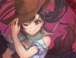  1girl ;) adjusting_clothes adjusting_hat bandana bangs bare_shoulders black_hair black_wings blue_shirt brown_eyes brown_headwear commentary_request cowboy_hat feathered_wings hand_up hat kurokoma_saki long_hair looking_at_viewer off-shoulder_shirt off_shoulder one_eye_closed shirt short_sleeves smile solo syuri22 touhou upper_body wings 
