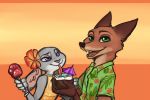  beverage canid canine clothing disney duo female flower food fox judy_hopps lagomorph leporid male mammal nick_wilde pawpsicle plant popsicle rabbit simple_background yelnatsdraws zootopia 