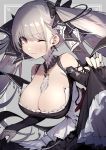  1girl azur_lane bare_shoulders black_dress black_nails black_ribbon blush breasts cleavage closed_mouth commentary_request corset dress formidable_(azur_lane) frilled_dress frills gothic_lolita grey_hair hair_ribbon highres holding_skirt large_breasts lolita_fashion long_sleeves looking_at_viewer mephist-pheles nail_polish one_eye_closed red_eyes ribbon solo sweat twintails wavy_mouth 