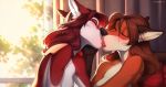  2019 anthro anthro_on_anthro black_nose breasts brown_hair canid canine canis day detailed_background digital_media_(artwork) domestic_dog eyes_closed female female/female hair inside kissing mammal nude open_mouth spefides teeth tongue 