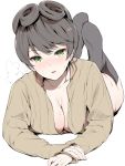  1girl amasora_taichi black_hair black_legwear breasts chi-hatan_school_uniform cleavage commentary_request eyebrows_visible_through_hair girls_und_panzer green_eyes highres hosomi_(girls_und_panzer) jacket kneehighs large_breasts legs_up long_sleeves looking_at_viewer lying naked_coat on_stomach open_clothes open_jacket open_mouth school_uniform short_hair simple_background solo sweat upper_teeth white_background 