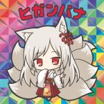  1girl animal_ear_fluff animal_ears bikkuriman_(style) blush character_name chibi covered_mouth flower flower_knight_girl fox_ears fox_girl fox_shadow_puppet fox_tail full_body grey_hair hair_flower hair_ornament hakama higanbana_(flower_knight_girl) japanese_clothes kimono kyuubi long_hair long_sleeves multiple_tails object_namesake parody red_eyes red_flower red_hakama rinechun sleeves_past_fingers sleeves_past_wrists solo spider_lily standing tail very_long_hair white_kimono white_legwear wide_sleeves 