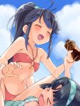  &gt;_&lt; 2girls ahoge bikini black_hair blush bottle breasts closed_eyes cloud commentary_request covered_nipples crying day eyebrows_visible_through_hair frilled_swimsuit frills grabbing_another&#039;s_hand hair_ornament hairband long_hair multiple_girls musumi_kiyoka navel o-ring o-ring_top one-piece_swimsuit open_mouth ponytail sky small_breasts smile straddling struggling swimsuit takano_natsuki tanning_oil tears toji_no_miko wrist_grab yamashiro_yui you_gonna_get_raped yuri 