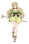  1girl atelier_(series) atelier_ayesha bangs bare_shoulders black_bow black_footwear blonde_hair blush bow collarbone commentary_request dress eyebrows_visible_through_hair flower full_body green_dress hair_flower hair_ornament highres holding holding_staff large_bow lemonpear long_hair looking_at_viewer purple_flower shoes simple_background smile solo staff twintails white_background white_bow 