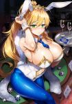  1girl animal_ears artoria_pendragon_(all) artoria_pendragon_(lancer) artoria_pendragon_(swimsuit_ruler)_(fate) bangs bare_shoulders blonde_hair blue_legwear blue_nails breasts bunny_ears bunnysuit casino_card_table cleavage detached_collar fate/grand_order fate_(series) feather_boa fishnets gijang green_eyes hair_between_eyes hand_up highres holding holding_tray large_breasts leotard long_hair looking_at_viewer navel necktie pantyhose parted_lips ponytail sidelocks solo tray white_leotard wrist_cuffs 