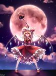  1girl absurdres arms_behind_head artist_name blonde_hair bobby_socks cloud cravat expressionless eyebrows_visible_through_hair flandre_scarlet full_body hair_between_eyes hat hat_ribbon highres holding holding_weapon laevatein legs_apart looking_at_viewer mary_janes mob_cap moon night outdoors petticoat pudding_(skymint_028) red_clouds red_eyes red_footwear red_moon red_skirt red_vest ribbon shirt shoes short_hair side_ponytail skirt skirt_set sky socks solo standing star_(sky) starry_sky touhou vest weapon white_headwear white_legwear white_shirt wings wrist_cuffs yellow_neckwear 