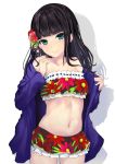  1girl absurdres bangs bikini_skirt black_hair blunt_bangs blush breasts collarbone floral_print flower green_eyes hair_flower hair_ornament hair_over_shoulder hems5288 highres kurosawa_dia long_hair looking_at_viewer love_live! love_live!_sunshine!! navel purple_sweater ribbon_trim shadow sidelocks simple_background small_breasts smile strapless strapless_bikini sweater swimsuit thighhighs thighs white_background 