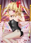  1girl absurdres animal_ears blonde_hair blush breasts bunny_ears bunny_tail bunnysuit cleavage curtains detached_collar eyebrows_visible_through_hair fake_animal_ears fang feet_out_of_frame fingernails fishnet_legwear fishnet_pantyhose fishnets flandre_scarlet from_side hair_between_eyes hair_ribbon hand_in_hair head_tilt highres indoors leotard looking_at_viewer looking_back night nyanyanoruru on_bed open_mouth pantyhose petals red_eyes red_nails ribbon rose_petals shiny shiny_hair short_hair side_ponytail sitting small_breasts solo strapless strapless_leotard tail touhou window wings wrist_cuffs yokozuwari 