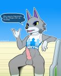  2018 animal_crossing anthro balls bench black_eyes bottomless canid canine canis casual_exposure clothed clothing dakkpasserida dialogue edit english_text fang_(animal_crossing) fur grey_fur knot male mammal navel nintendo on_bench open_mouth outside park_bench partially_clothed penis simple_background sitting sky solo speech_bubble spread_legs spreading sweater text topwear trash_anon unauthorized_edit video_games wolf yellow_sclera 