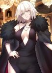  1girl alternate_costume bangs black_dress bracelet breasts chandelier cleavage dress earrings fate/grand_order fate_(series) fur_trim h hair_between_eyes halterneck hand_on_hip highres indoors jacket_on_shoulders jeanne_d&#039;arc_(alter)_(fate) jeanne_d&#039;arc_(fate)_(all) jewelry large_breasts necklace pale_skin parted_lips shiguru short_hair silver_hair yellow_eyes 