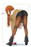  !? 1girl ass bent_over black_footwear black_shots blue_eyes blush brown_hair brown_jacket commentary_request dr_pepper from_behind highres jacket legwear_under_shorts long_hair looking_at_viewer makise_kurisu pantyhose shoes shorts solo soveno steins;gate 