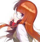  1girl bangs black_bow black_eyes bow commentary eyebrows_visible_through_hair glasses grin headphones large_bow lemonpear long_hair looking_at_viewer orange_hair persona persona_5 sakura_futaba shirt simple_background smile solo striped striped_sweater sweater white_background white_shirt 