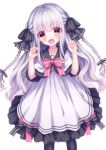  1girl :o absurdres bangs black_bow black_legwear black_sailor_collar blush bow braid capelet collarbone commentary_request dress eyebrows_visible_through_hair frilled_dress frills fur-trimmed_capelet fur_trim hair_between_eyes hair_bow hakuto_momiji hands_up heart heart_in_eye highres long_hair open_mouth original pantyhose pink_bow red_eyes sailor_collar silver_hair simple_background solo striped striped_bow symbol_in_eye twin_braids very_long_hair white_background white_capelet white_dress 