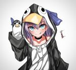  1girl :p animal_costume animal_hood black_choker blue_eyes blush choker collarbone commentary english_commentary eyebrows_visible_through_hair fate/grand_order fate_(series) gradient gradient_background grey_background hair_between_eyes hand_puppet head_tilt hood kurkkya_(zhafsas) lavender_hair long_hair looking_at_viewer meltryllis meltryllis_(swimsuit_lancer)_(fate) penguin_costume penguin_hood puppet signature simple_background solo standing tongue tongue_out upper_body 
