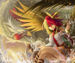  1girl animal animal_on_head arms_up bare_shoulders bird bird_on_head bird_wings blonde_hair bracelet chicken commentary_request crossed_legs detached_sleeves dress feet_out_of_frame frown hair_between_eyes highres ishida_kazuma jewelry layered_dress looking_at_viewer multicolored_hair niwatari_kutaka on_head oversized_animal red_eyes red_hair red_neckwear scarf sitting solo splashing strapless strapless_dress touhou two-tone_hair water water_drop wings 