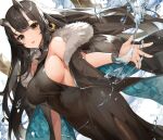  1girl akizone alchemy_stars bangs bare_shoulders black_dress black_hair black_horns black_legwear breasts broken_horn brown_eyes dress horns large_breasts legs long_hair looking_at_viewer open_mouth sariel_(alchemy_stars) sideboob solo thighhighs thighs water 