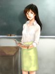  1girl battan book bralines breasts chalkboard closed_mouth commentary_request copyright_request desk long_hair looking_at_viewer see-through skirt smile solo teacher watch 