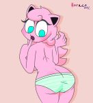  2019 anthro blue_eyes butt clothed clothing female hair hi_res horaco jigglypuff jillgglypuff mammal nintendo open_mouth pink_hair pok&eacute;mon pok&eacute;mon_(species) simple_background solo topless video_games 