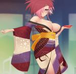  1girl artist_name asymmetrical_hair au_ra bare_shoulders blurry blurry_background braid breasts commentary commission cup dragon_print dust_particles final_fantasy final_fantasy_xiv hair_over_one_eye japanese_clothes kimono kuroonehalf large_breasts looking_at_viewer multicolored multicolored_clothes multicolored_kimono obi off_shoulder outstretched_arm parted_lips pink_hair print_kimono purple_eyes purple_nails sakazuki sash scales short_hair side_braid single_braid solo wide_sleeves 