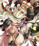  2girls amputee ass-to-ass baiken big_hair black_gloves black_kimono breasts character_request cleavage clenched_teeth commentary_request eyepatch facial_tattoo gloves guilty_gear guilty_gear_xrd hat highres jack-o&#039;_valentine jacket jacket_on_shoulders jako_(toyprn) japanese_clothes jewelry kataginu kimono large_breasts multicolored multicolored_clothes multicolored_kimono multiple_girls necklace one-eyed open_clothes open_kimono open_mouth pink_eyes pink_hair pipe ponytail red_eyes samurai scar scar_across_eye strap tattoo teeth tongue tongue_out white_hair white_kimono 
