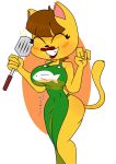  2019 animal_crossing anthro apron big_breasts breasts clothing domestic_cat eyes_closed felid feline felis female hair hi_res holding_object horaco kaitlin_(animal_crossing) lipstick makeup mammal nintendo simple_background smile solo spatula tools video_games white_background 