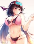  1girl bangs bare_shoulders bat bikini blush breasts brown_hair cleavage e-note fate/grand_order fate_(series) glasses goggles goggles_on_head highres large_breasts long_hair looking_at_viewer navel origami osakabe-hime_(fate/grand_order) osakabe-hime_(swimsuit_archer)_(fate) pink_bikini purple_eyes red-framed_eyewear ski_goggles swimsuit twintails 