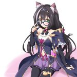  1girl adjusting_eyewear animal_ears bespectacled blush cat_ears collarbone dress felutiahime gem glasses green_eyes hair_between_eyes headband highres jewelry kyaru_(princess_connect) long_hair navel princess_connect! princess_connect!_re:dive sitting solo twitter_username 