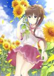  1girl 7_calpis_7 bangs blue_sky blush bow brown_eyes brown_hair closed_mouth cloud cloudy_sky commentary_request day eyebrows_visible_through_hair fingernails flower hair_between_eyes hair_bow hand_up high_ponytail highres holding holding_flower long_hair looking_at_viewer neckerchief original outdoors petals pink_bow pink_sailor_collar pink_skirt pleated_skirt ponytail red_neckwear sailor_collar school_uniform serafuku shirt short_sleeves sidelocks skirt sky smile solo sunflower very_long_hair white_shirt yellow_flower 