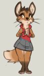 anthro bottomwear brown_eyes brown_fur canid canine clothed clothing female fox fully_clothed fur grey_background mammal reign-2004 simple_background skirt solo tan_fur whiskers wristband 