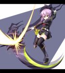  boots hiiragi_shinoa kama_(weapon) kyuutou_(kyuutouryuu) owari_no_seraph ponytail purple_hair scythe sickle thigh_boots thighhighs yellow_eyes 