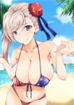  american_flag_bikini bangs bare_shoulders beach bikini blue_eyes blue_sky breasts bun_cover cleavage collarbone fate/grand_order fate_(series) flag_print hair_bun hanchou_(shirokun555) holding_hands large_breasts looking_at_viewer miyamoto_musashi_(fate/grand_order) miyamoto_musashi_(swimsuit_berserker)_(fate) palm_tree single_sidelock sky smile swept_bangs swimsuit tree water white_hair 