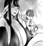 2girls bangs breasts cleavage crossed_legs drinking elbow_gloves fingernails glaring gloves greyscale grin highres large_breasts mole mole_on_breast mole_under_mouth monochrome multiple_girls original palm_tree pointy_ears sharp_fingernails smile tree zkstxxx 