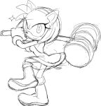  amy_rose anthro black_and_white boots clothing den255 dress eulipotyphlan female footwear gloves hammer handwear hedgehog holding_object holding_weapon mammal monochrome piko_piko_hammer sketch smile solo sonic_(series) standing tools weapon 