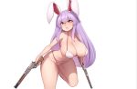  1girl animal_ears bangs bare_arms bare_shoulders bikini blush breasts bunny_ears clenched_teeth collarbone commentary_request cowboy_shot dual_wielding eyebrows_visible_through_hair groin gun hair_between_eyes halterneck head_tilt highleg highleg_bikini highres holding holding_gun holding_weapon large_breasts long_hair mochi_(chain_csn) navel purple_hair red_eyes reisen_udongein_inaba sidelocks simple_background solo standing standing_on_one_leg stomach swimsuit teeth thighs touhou very_long_hair weapon white_background white_bikini 