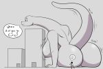  anthro big_breasts big_butt breasts brontosaurus butt dialogue dinosaur diplodocid female larger_female macro mirokuj7 nude pussy raised_tail reptile sauropod scalie size_difference 