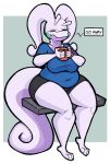  2019 3_toes 4_fingers aimbot-jones antennae_(anatomy) anthro belly beverage big_breasts bottomwear breasts clothed clothing cup curled_tail dialogue dragon english_text eyes_closed female fingers goodra hi_res holding_beverage holding_object nintendo overweight overweight_female pok&eacute;mon pok&eacute;mon_(species) shirt shorts sitting solo speech_bubble text thick_tail thick_thighs tired toes topwear video_games wasabi_(aimbot-jones) wide_hips 
