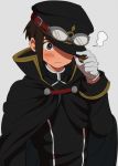  1boy alec_(arc_the_lad) arc_s0222 arc_the_lad arc_the_lad_iii black_hair brown_eyes cape closed_mouth commentary_request gloves goggles goggles_on_headwear hat looking_at_viewer simple_background solo uniform 