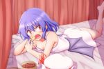  1girl alternate_costume armpit_peek barefoot bat_wings bed blue_hair blush breasts candy canopy_bed cleavage collarbone commentary_request cookie curtains dress eyebrows_visible_through_hair fang food hair_between_eyes hat hat_removed hat_ribbon headwear_removed holding holding_food leg_lift looking_at_viewer lying manga_(object) mob_cap on_bed on_stomach open_mouth red_eyes remilia_scarlet ribbon short_hair small_breasts solo strap_slip sweatdrop teoi_(good_chaos) touhou white_dress wings 