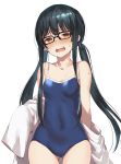  1girl ass_visible_through_thighs bangs black-framed_eyewear black_hair blue_swimsuit breasts brown_eyes collarbone eyebrows_visible_through_hair glasses highres labcoat long_hair long_sleeves low_twintails madara-san_(tejina_senpai) off_shoulder one-piece_swimsuit open_mouth school_swimsuit sharp_teeth small_breasts solo standing swimsuit tears teeth tejina_senpai twintails yuuuuu 