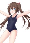  1girl absurdres bangs bare_shoulders black_swimsuit blue_eyes blush breasts brown_hair cameltoe collarbone commentary_request covered_navel eyebrows_visible_through_hair hair_between_eyes hair_ornament highres long_hair looking_at_viewer one-piece_swimsuit open_mouth original outstretched_arms roido_(taniko-t-1218) school_swimsuit sidelocks simple_background small_breasts solo spread_arms swimsuit twintails very_long_hair white_background 