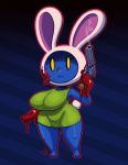  2019 animal_crossing anthro barefoot big_breasts blood blood_on_face blood_on_hand blue_fur bodily_fluids breasts clothed clothing conditional_dnp female frown fur green_clothing gun holding_gun holding_object holding_weapon lagomorph leporid looking_at_viewer mammal nintendo rabbit ranged_weapon short_stack signature solo teckworks thick_thighs video_games weapon yellow_eyes 