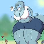  1:1 anthro big_breasts bodily_fluids breasts brontosaurus cleavage clothed clothing dialogue dinosaur diplodocid female hi_res larger_female mirokuj7 nipple_outline reptile sauropod scalie size_difference sweat thick_thighs wide_hips 