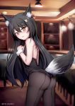  1girl animal_ear_fluff animal_ears ass bangs bare_shoulders black_hair black_leotard blush breasts brown_eyes brown_legwear chrisandita collar commentary detached_collar english_commentary eyebrows_visible_through_hair fishnet_pantyhose fishnets fox_ears fox_girl fox_hair_ornament fox_tail hair_between_eyes hair_ornament hairclip highres indoors leotard long_hair looking_at_viewer looking_to_the_side original pantyhose small_breasts solo standing strapless strapless_leotard tail twitter_username very_long_hair white_collar wrist_cuffs 