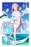  1girl bangs bare_shoulders bikini breasts brown_eyes brown_hair cleavage cloud collarbone commentary_request dress drink forever_7th_capital full_body lemonpear looking_at_viewer one_eye_covered solo_focus swimsuit twintails white_bikini white_dress 